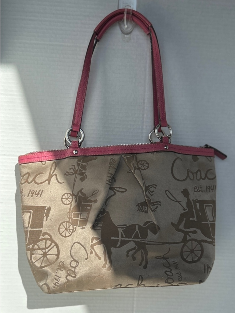 Coach Beige Signature Carriage Tote with Pink Trim - Picture 5 of 6